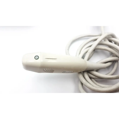 Cream-colored GE Medical System 2298593 Rev 0 ultrasound transducer with coiled cable and GE logo on side