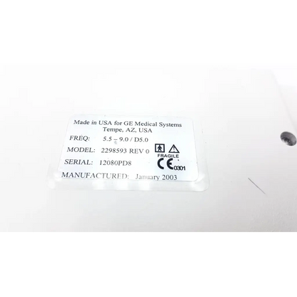 White rectangular label with black text for ge medical systems rev ultrasound transducer made in tempe az usa