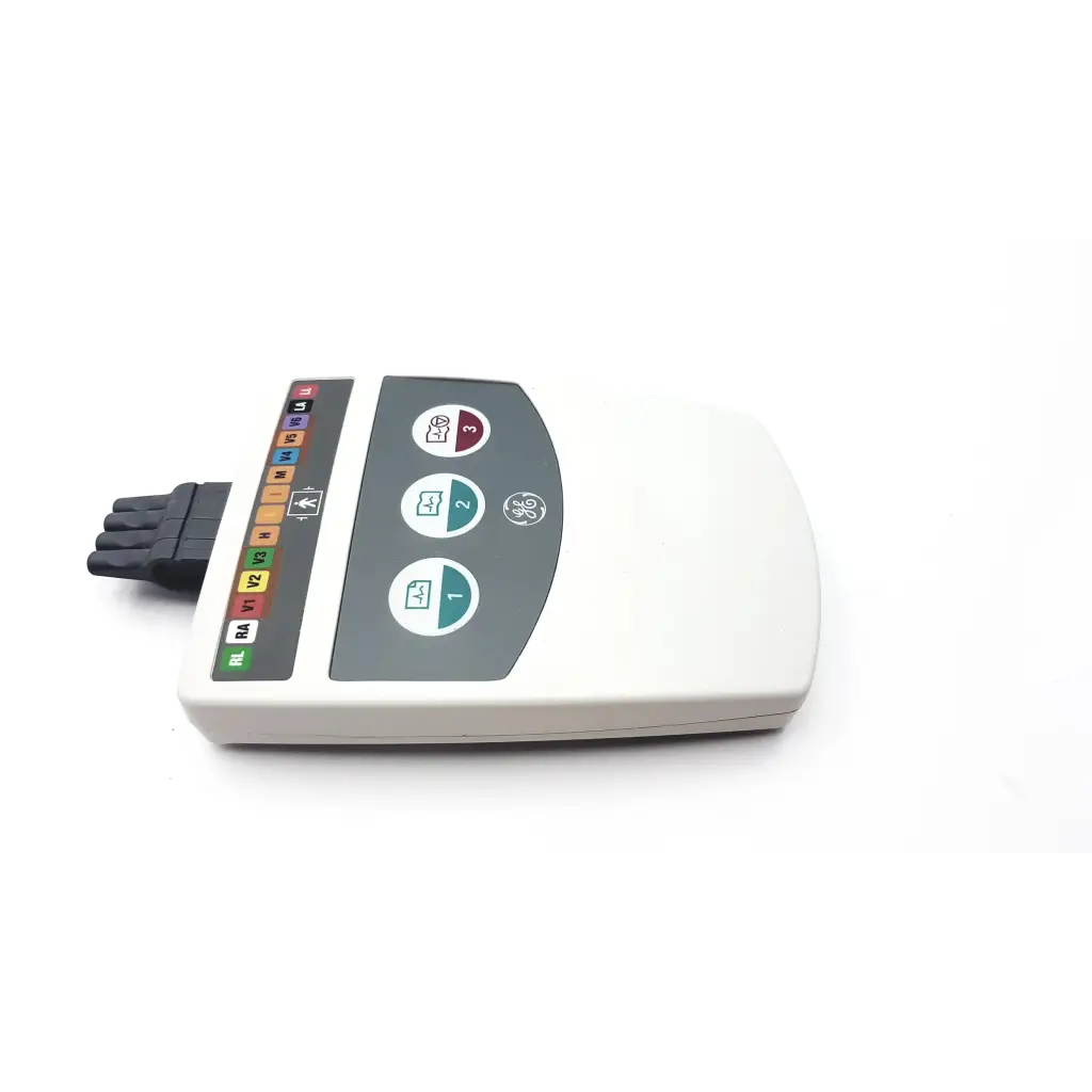White ge medical system cam-14 900995-001 ecg acquisition module with gray control panel and color-coded input ports