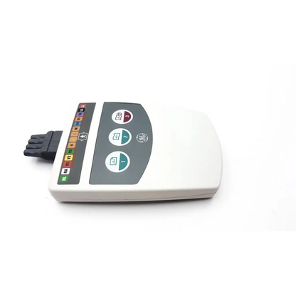 White ge medical system cam-14 900995-001 ecg acquisition module with gray control panel and color-coded input ports