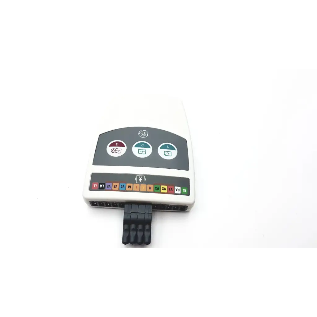 White ge medical system cam-14 900995-001 ecg acquisition module with gray control panel and color-coded input ports