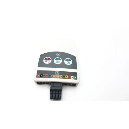 White ge medical system cam-14 900995-001 ecg acquisition module with gray control panel and color-coded input ports