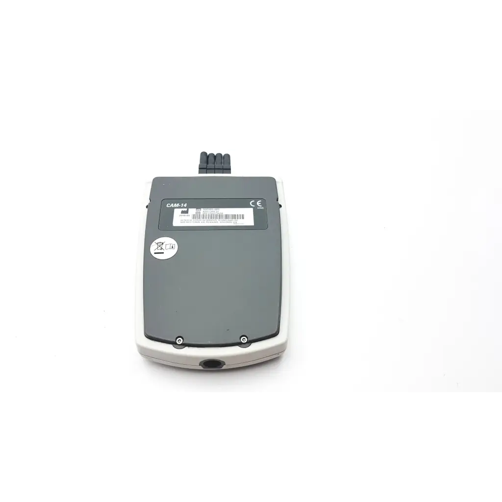 Gray and white cam-14 handheld ecg acquisition module with matte finish and three black antennas for medical use