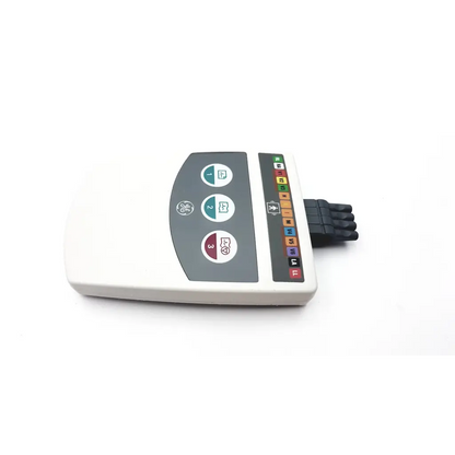 White ge medical system cam-14 ecg acquisition module with gray control panel and color-coded input ports on back side