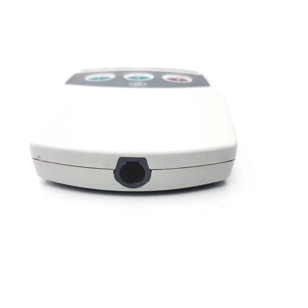 White plastic remote control with three circular buttons and black port for ge medical system cam-14 ecg acquisition module