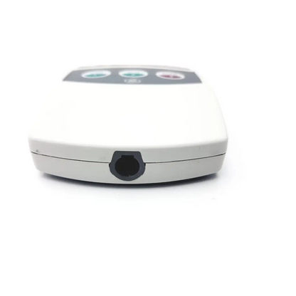 White plastic remote control with three circular buttons and black port for ge medical system cam-14 ecg acquisition module