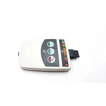 White ge medical system cam-14 900995-002 ecg acquisition module with gray control panel and color-coded input ports back view