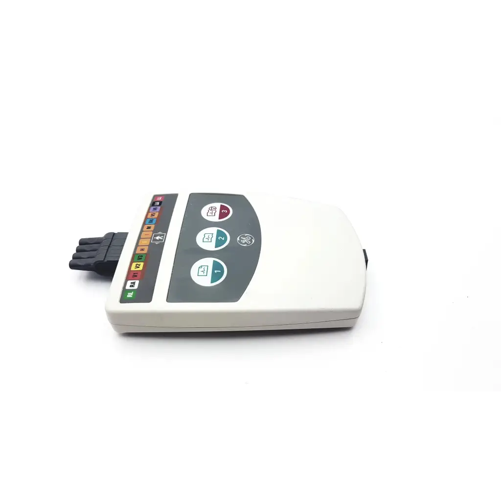 White ge cardiac monitor with gray control panel and colored buttons featuring black cable ecg acquisition module