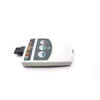 White ge cardiac monitor with gray control panel and colored buttons featuring black cable ecg acquisition module