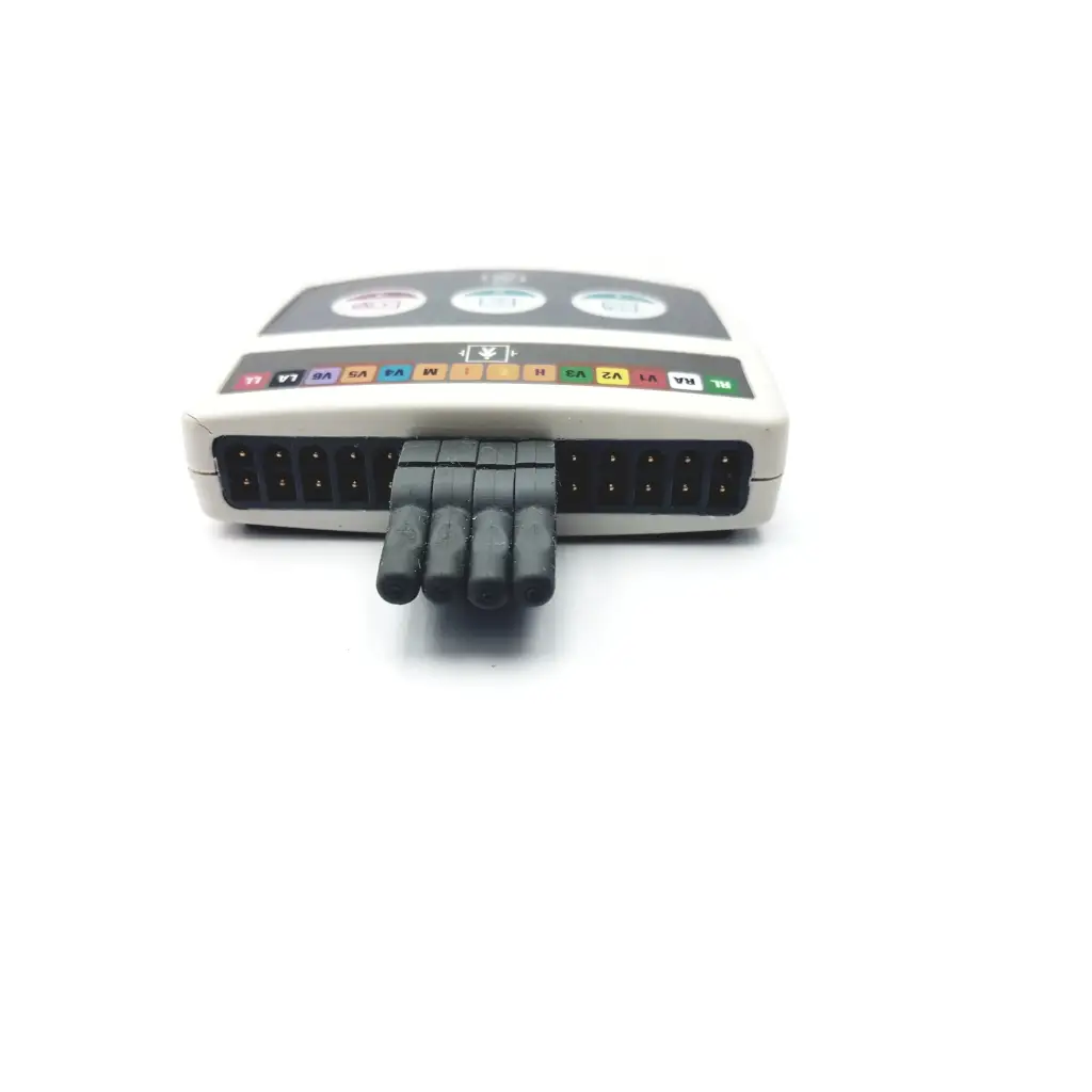 Beige GE medical system CAM-14 900995-002 ecg acquisition module with black electrode leads and color-coded input ports