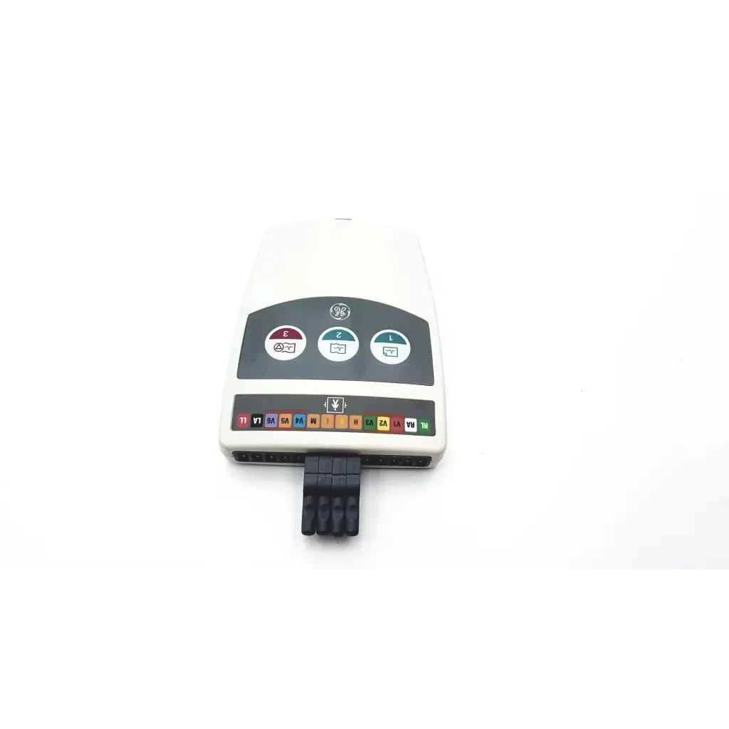 White ge medical system cam-14 900995-002 ecg acquisition module with gray control panel and colorful labeled ports