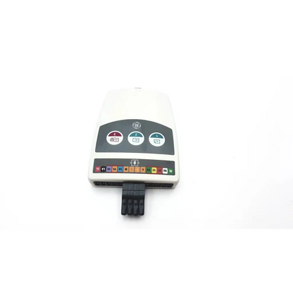 White ge medical system cam-14 900995-002 ecg acquisition module with gray control panel and colorful labeled ports
