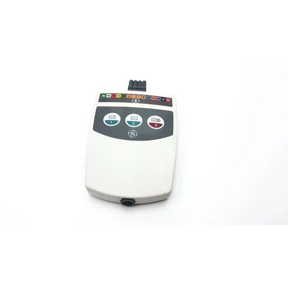 White ge medical system cam-14 900995-002 portable ecg acquisition module with gray control panel and colored electrode connectors