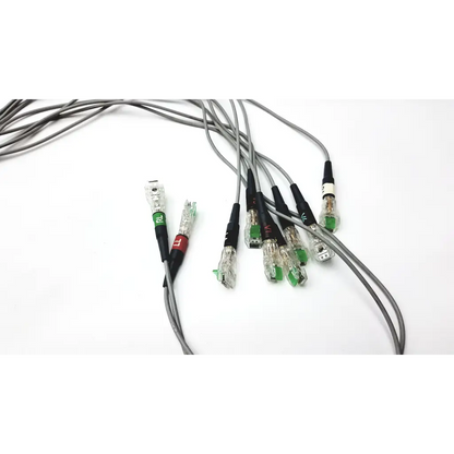 Gray ethernet cables with clear connectors and color-coded labels on the back of GE medical systems cam-14 acquisition module