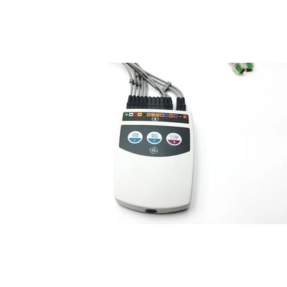 White ge medical systems cam-14 hd acquisition module with curved panel, three blue and purple buttons, and gray cables