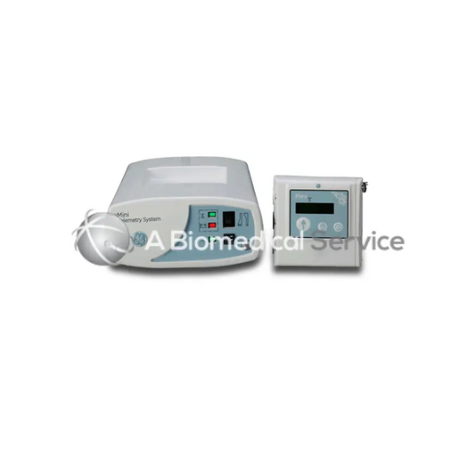 White and light blue ge mini telemetry system with digital display and control panel for biomedical service use