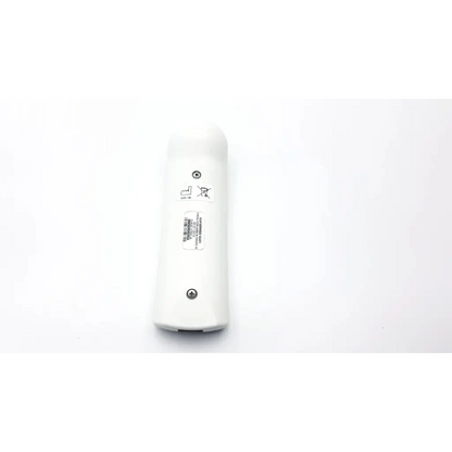 Back of white plastic neonatal solar 8000m remote with barcode label and two screws visible