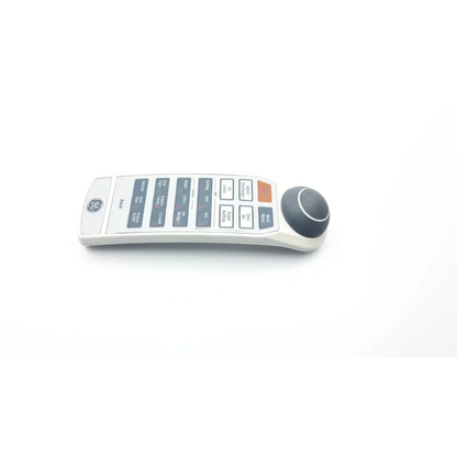 This ge neonatal solar 8000m remote control has a gray and white plastic body with blue and orange function buttons