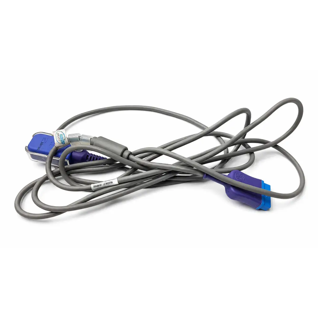 Gray coiled biomed certified patient monitoring sensor cable with purple and blue connectors and white label near end