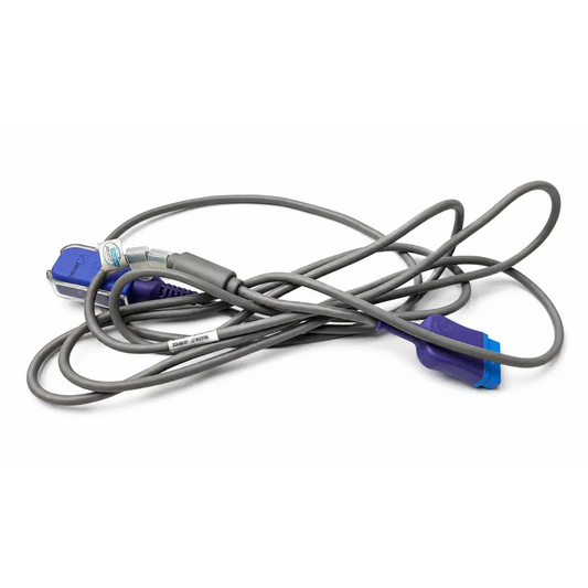 Gray coiled patient monitoring sensor cable with purple and blue connectors and white label near end