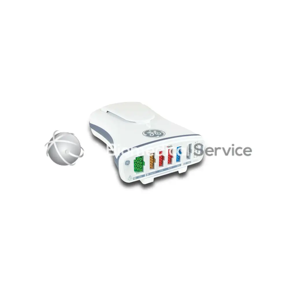 White ge pdm biomedical service device with curved design and five colored ports with gray accents on the side