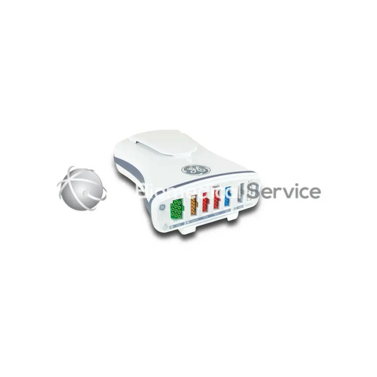 White ge pdm biomedical service device with curved design and five colored ports with gray accents on the side