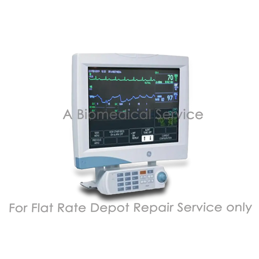 White and light blue GE Solar 8000i anesthesia patient monitor with vital signs display and numeric keypad for repair service