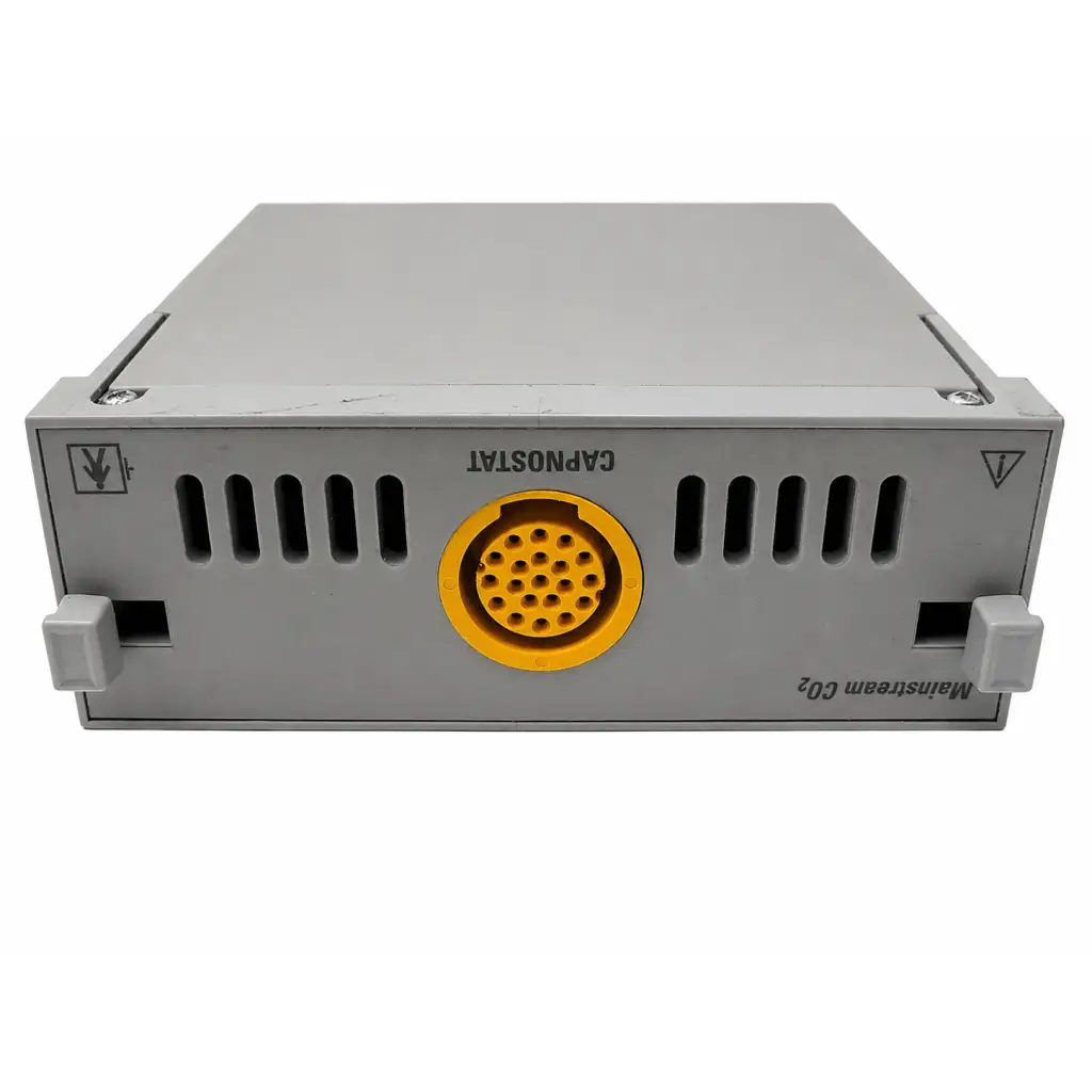 Gray plastic msn cap co2 module with yellow circular connector and ventilation slots for co2 monitoring