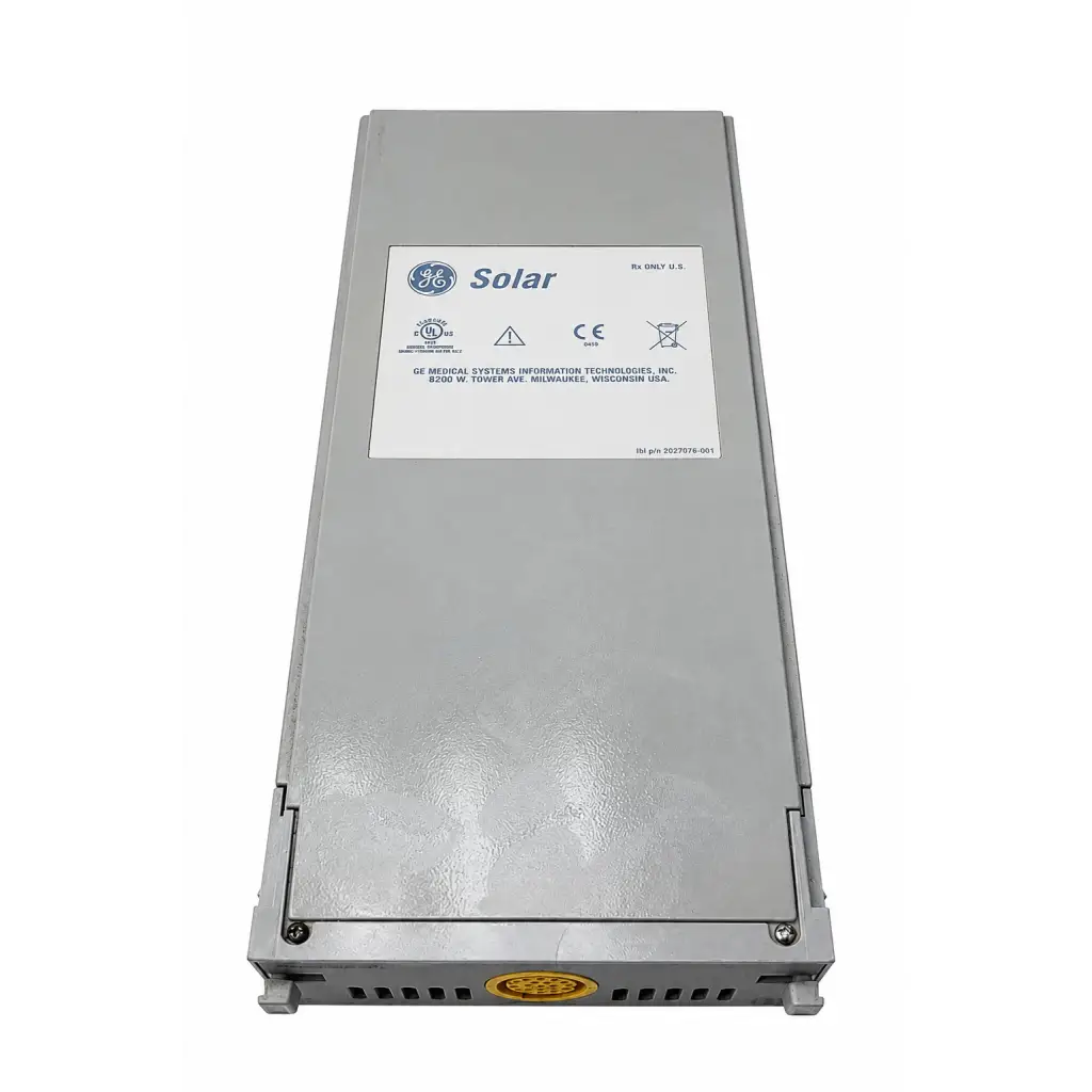 Gray metallic ge solar msn cap co2 module with white label showing and manufacturer info