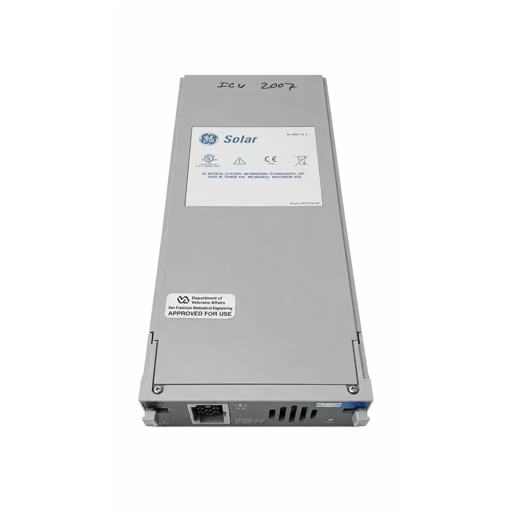 Gray ge solar bioz icg module power supply unit with labels and department of veterans affairs approval badge