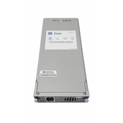 Gray ge solar bioz icg module power supply unit with labels and department of veterans affairs approval badge