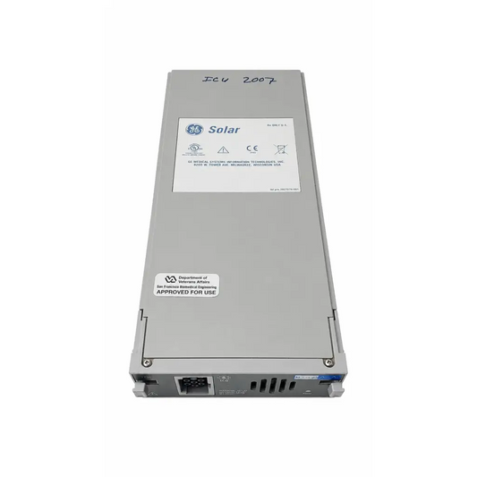Gray ge solar bioz icg module power supply unit with labels and department of veterans affairs approval badge