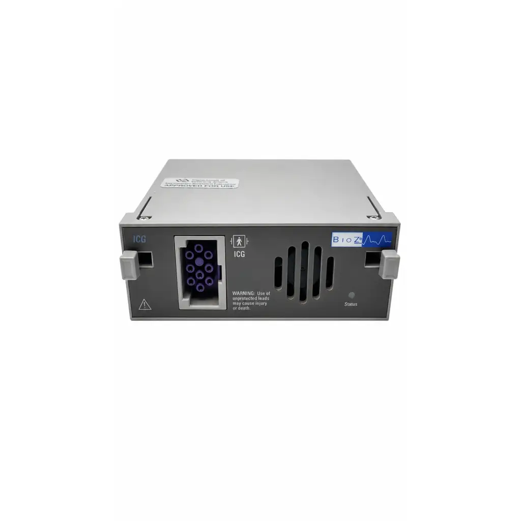 Silver metallic ge solar bioz icg module with blue-lit label and purple connectors server rack unit