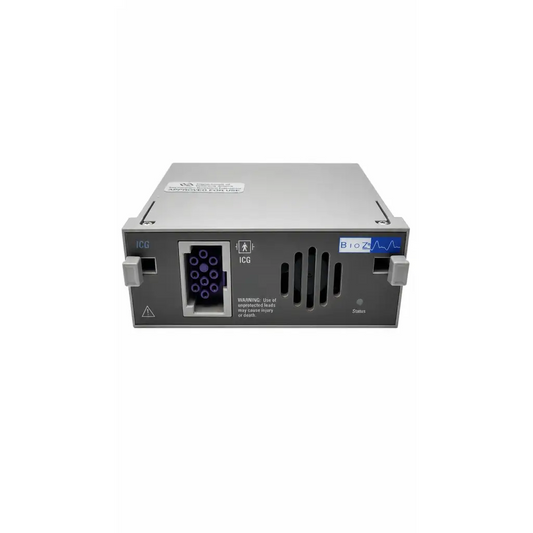 Silver metallic ge solar bioz icg module with blue-lit label and purple connectors server rack unit