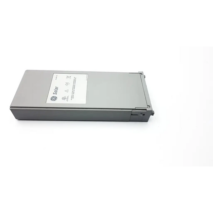 Gray rectangular solar bis eeg battery with white label featuring ge solar logo and certification marks for patient monitor