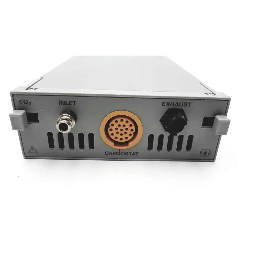 Gray metal ge solar capnostat mainstream co2 module with gold circular connector and black hex exhaust port back side