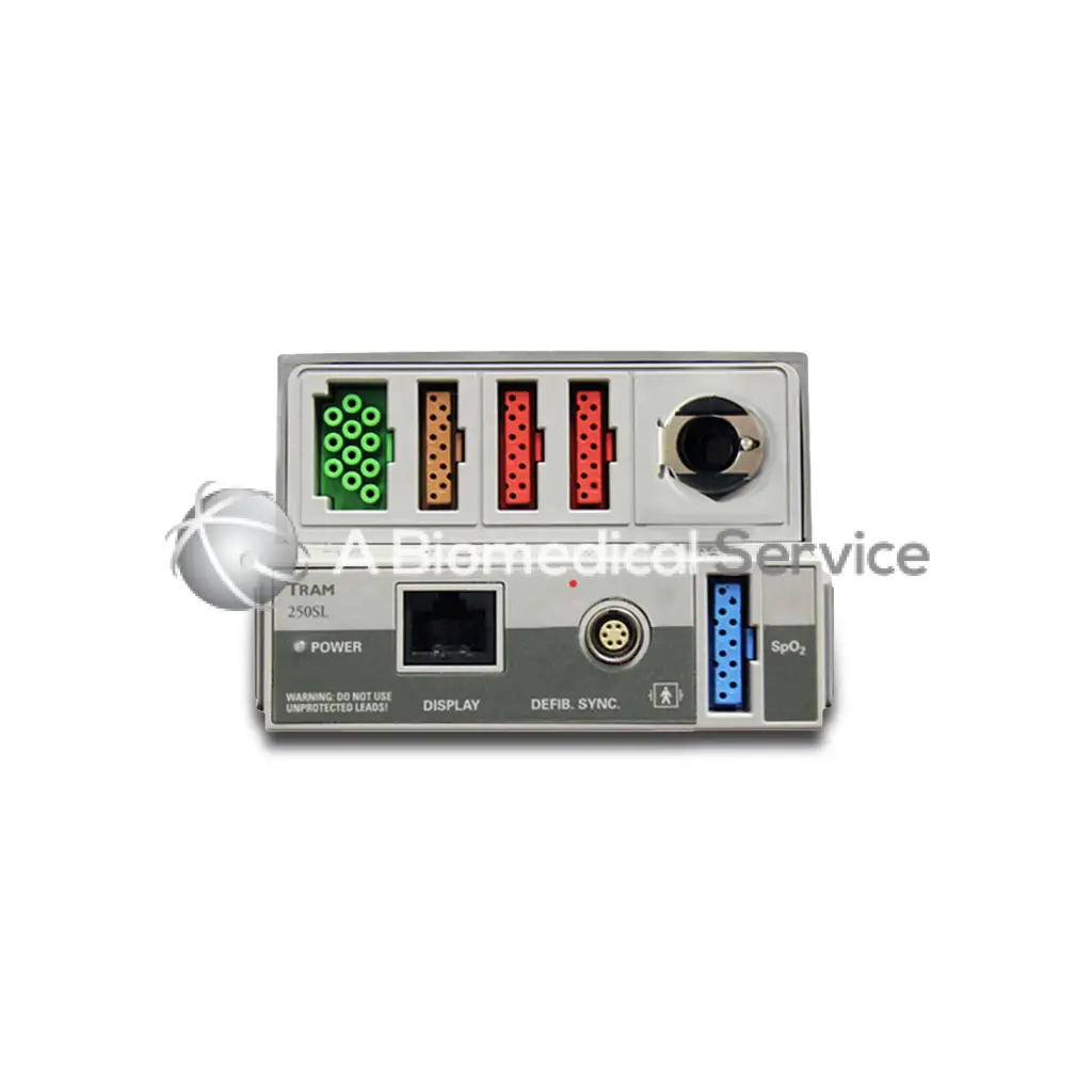 Back side of ge tram 250 sl gray medical device panel with green orange red and blue connectors for biomedical service