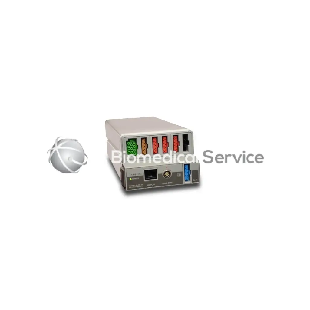 Silver-gray rectangular GE Tram 400 SL medical device with multiple colored ports and black ethernet port on front panel
