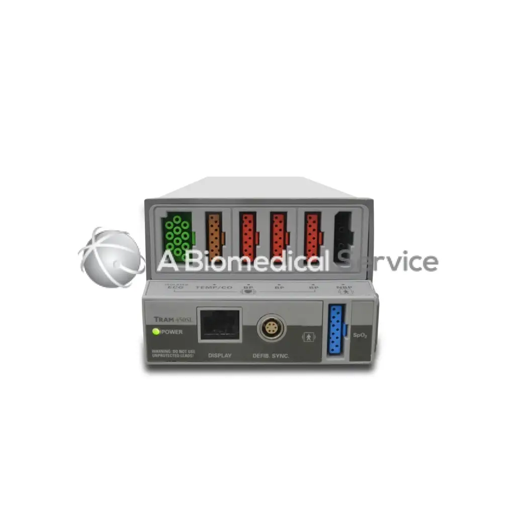 Gray rectangular ge tram 450 sl medical device with colored ports and labeled controls for biomedical service use