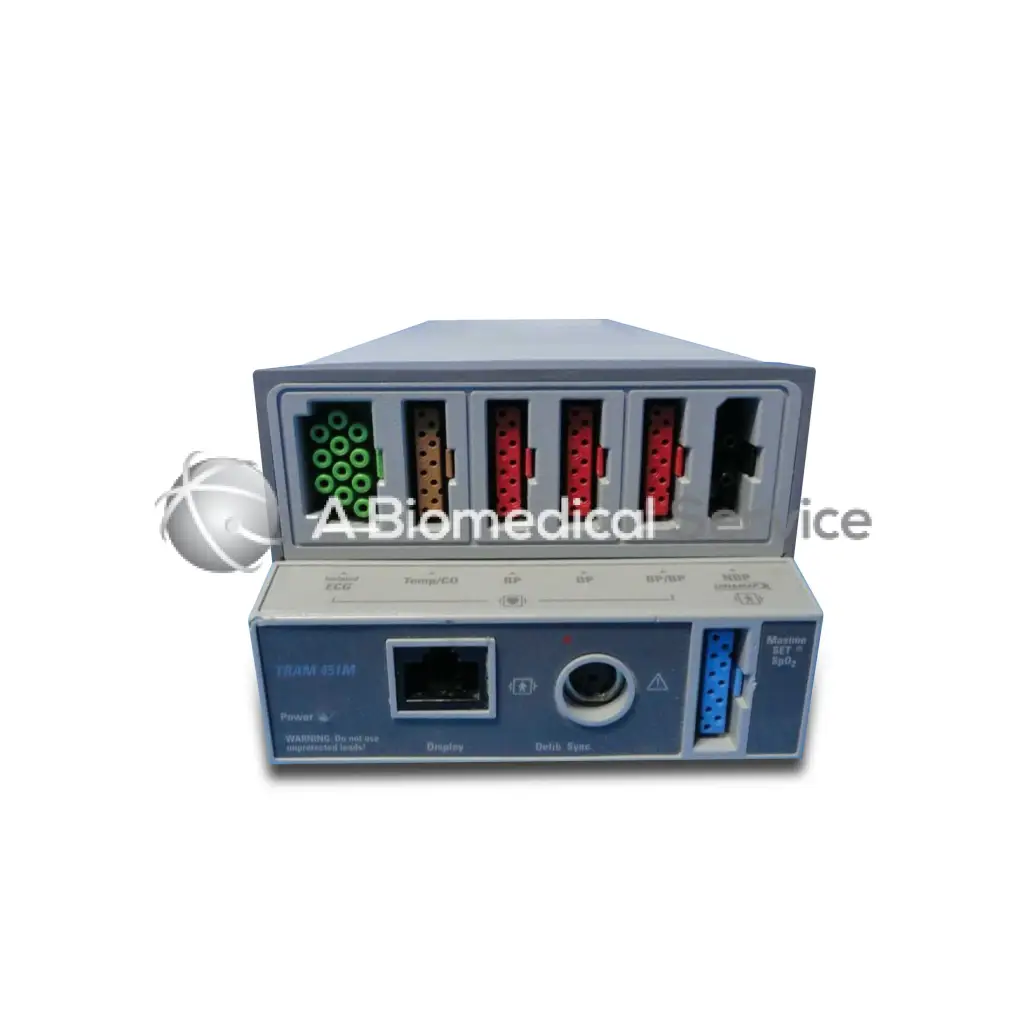Gray and blue ge tram 451 m medical data acquisition device with colored ports for biomedical service use