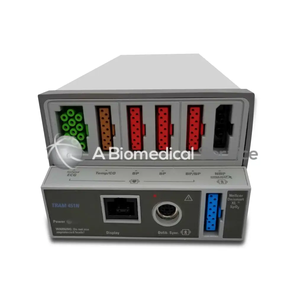 Backside of gray and black ge tram 451 n medical device with multiple colored connectors and blue port for biomedical service