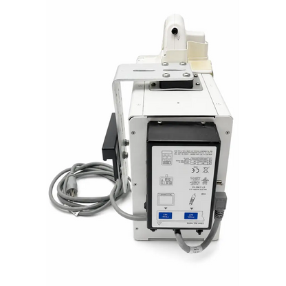White and black biomed certified tram 451n patient monitoring module with sturdy metal iv infusion pump frame labeled trend 30w