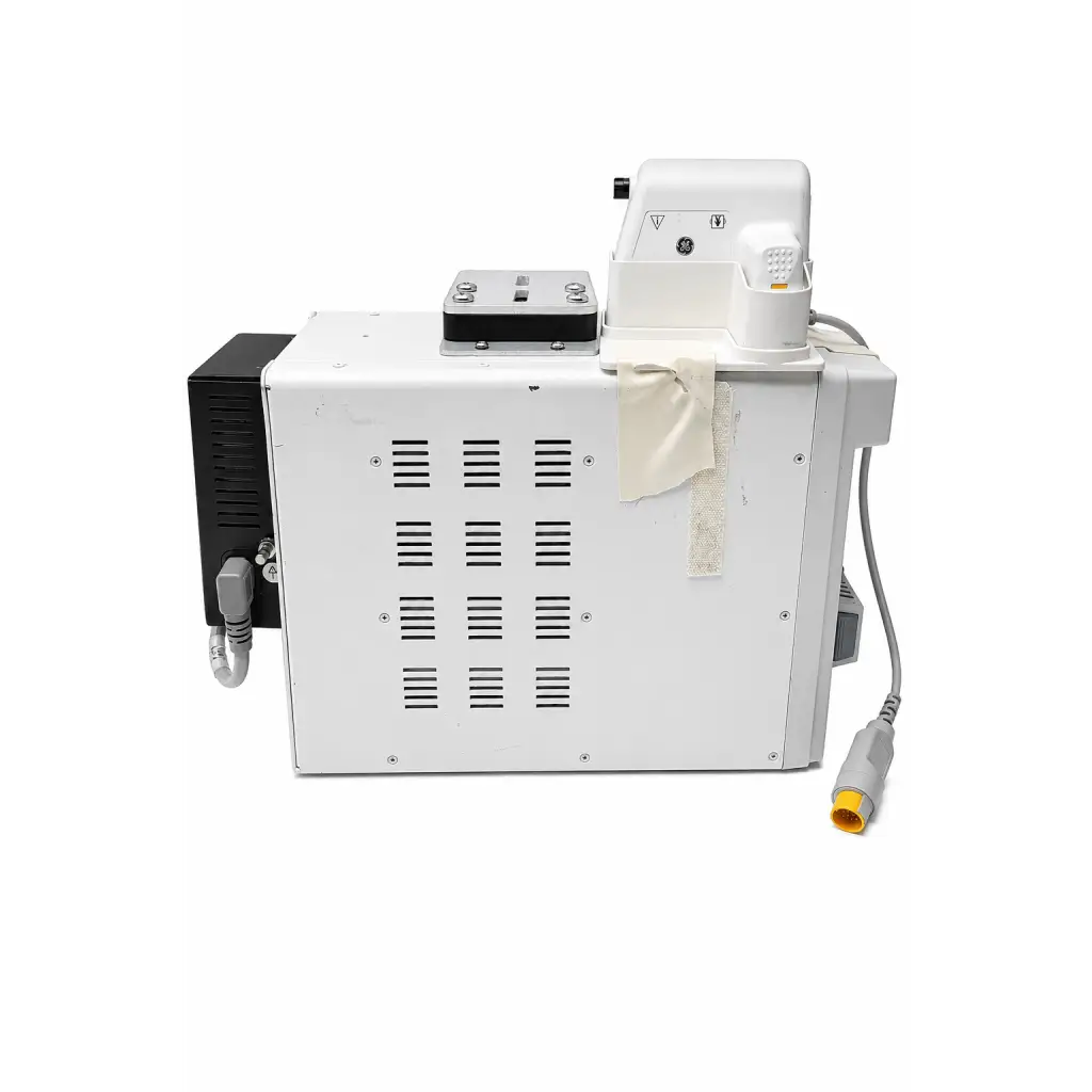 White ge tram 451n patient monitoring module with black ventilation panels and gray cable biomed certified back view