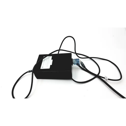 Black rectangular ge transport display power supply with matte finish and coiled cables for display power use