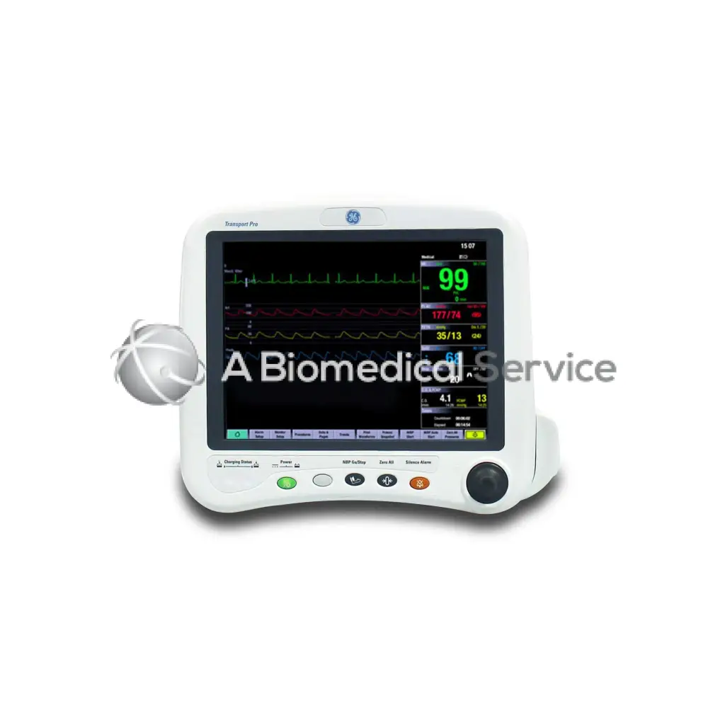 White ge transport pro patient monitor with touchscreen showing vital signs and numerical readouts requires pdm module