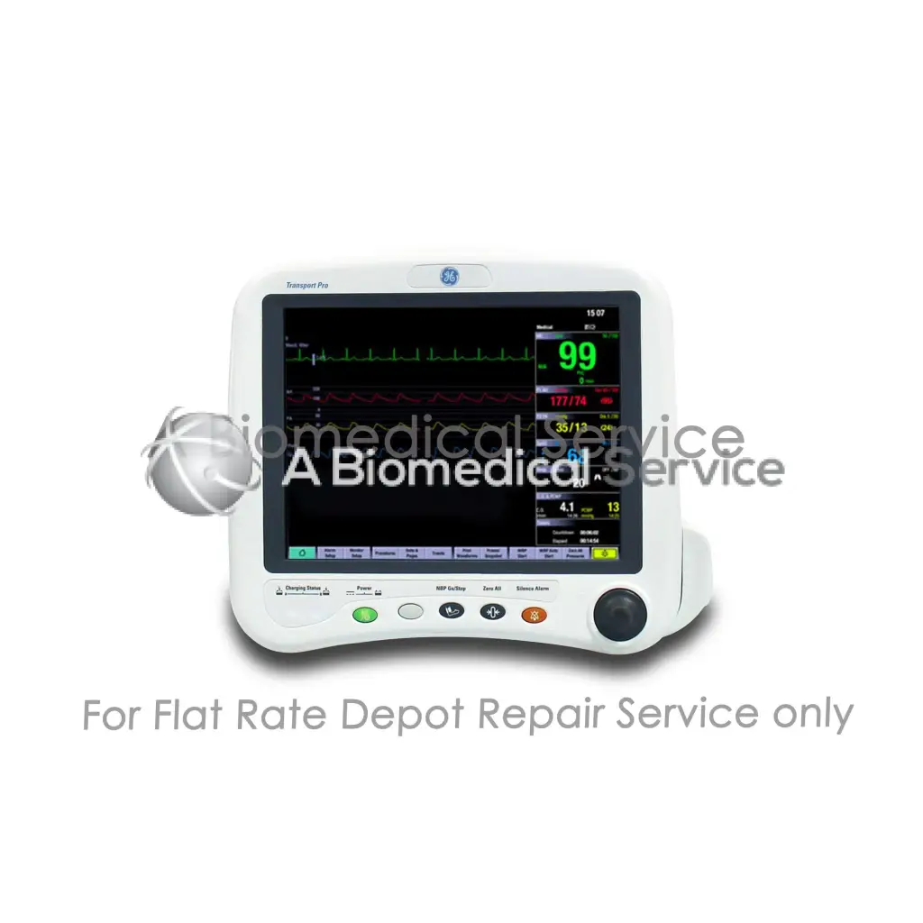 White ge transport pro patient monitor with touchscreen and colorful vital signs display for medical equipment repair service
