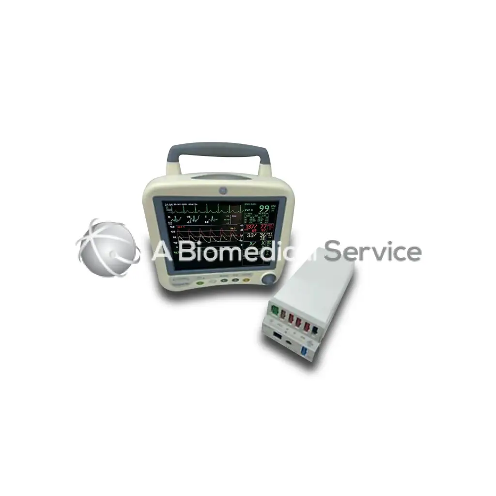 Beige ge transport pro patient monitor with gray handle and digital display showing multiple ecg waveforms requires tram module