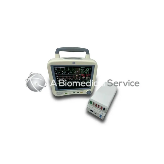 Beige ge transport pro patient monitor with gray handle and digital display showing multiple ecg waveforms requires tram module