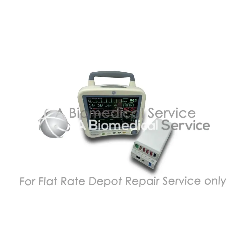 Beige ge transport pro patient monitor with black handle and digital display showing vitals for medical equipment repair service