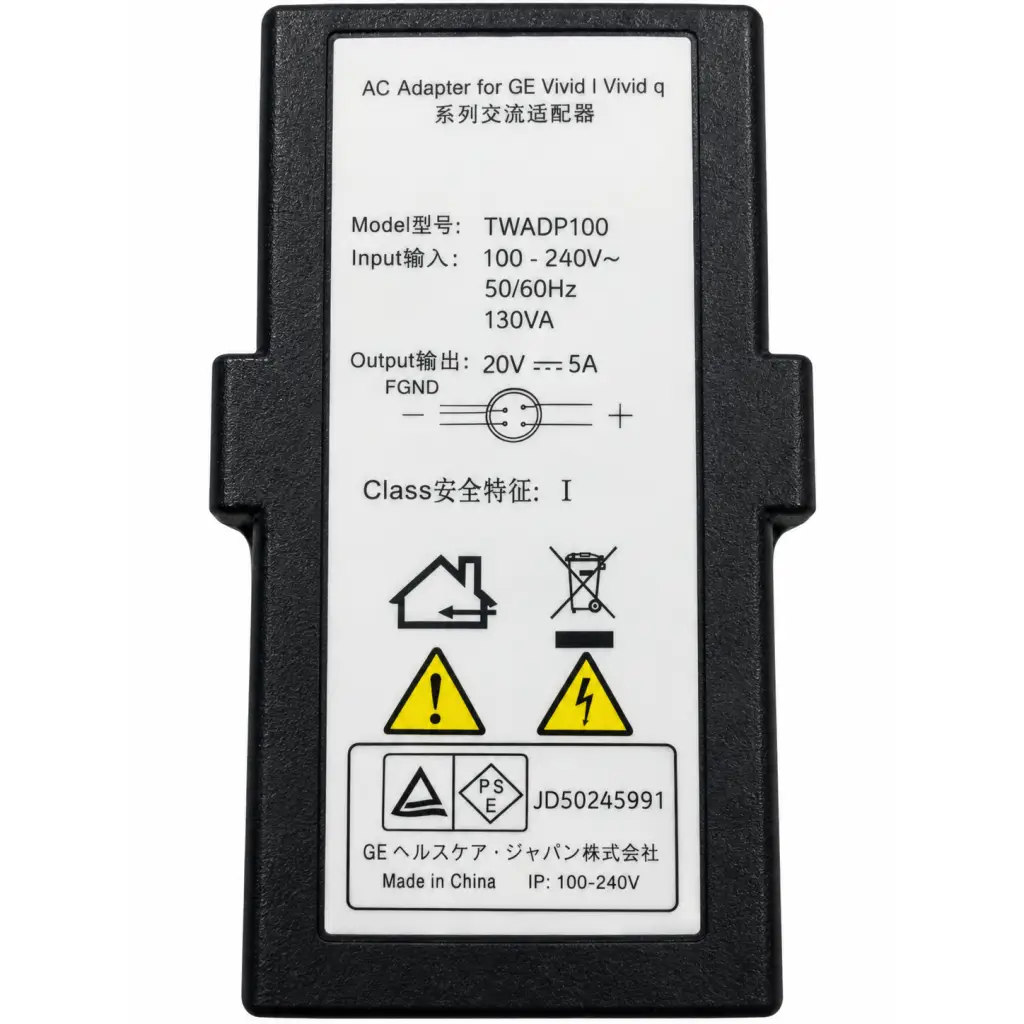 Black plastic adapter power supply for ge vivid ivivid q series with white label showing technical specs and safety icons